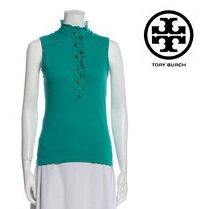 TORY BURCH Lidia Sleeveless Green Mock Neck Ruffle Polo Shirt Size XS